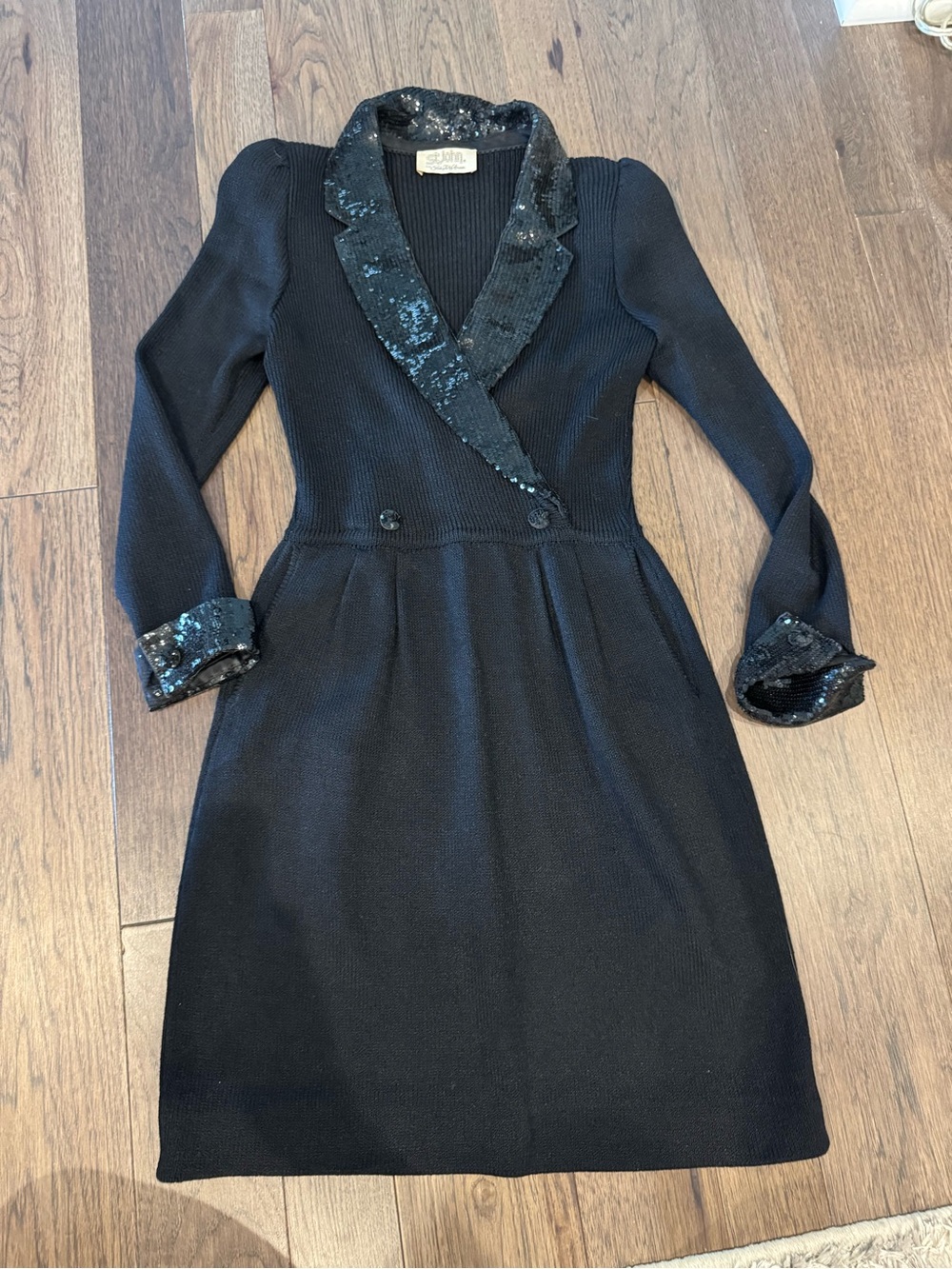 Vintage St. John knit black blazer-style dress with sequin trim